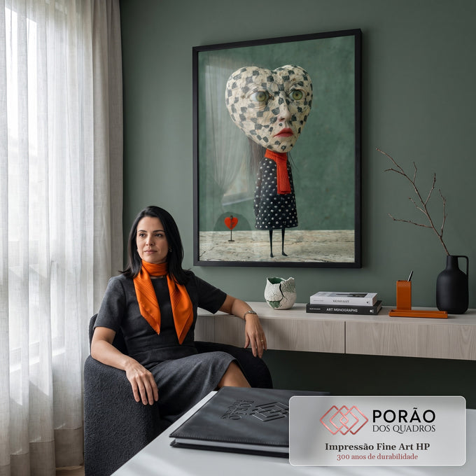 Figura surreal com cabeça em forma de coração, vestido de bolinhas e cachecol laranja, quadro decorativo