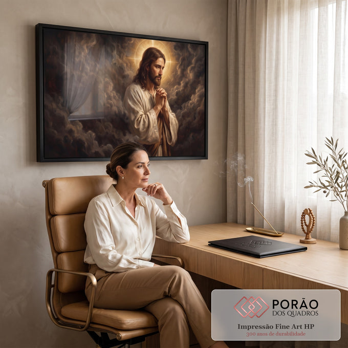Quadro Decorativo Grande Jesus Halo Dourado para Sala Marrom | quadros decorativos | Jesus Cristo em oração com halo dourado em cruz sobre fundo de nuvens escuras | em ambiente 2 | Porao dos Quadros