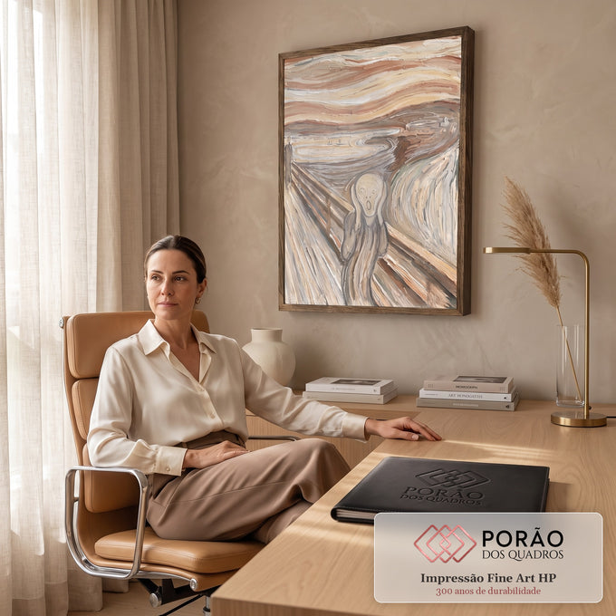 Quadro Decorativo Grande Grito de Edvard para Sala Bege | quadros decorativos | figura gritando em tons bege inspirada em obra clássica expressionista | em ambiente 2 | Porao dos Quadros