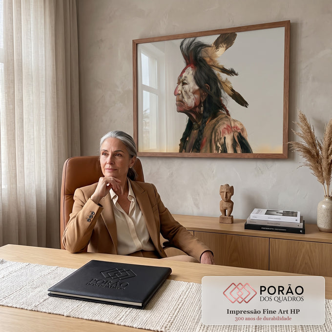 Quadro Decorativo Guerreiro Indígena de Perfil com Penas | quadros decorativos | homem indígena de perfil com pintura facial vermelha e branca e penas no cabelo | em Quadros para Escritorio | Porao dos Quadros