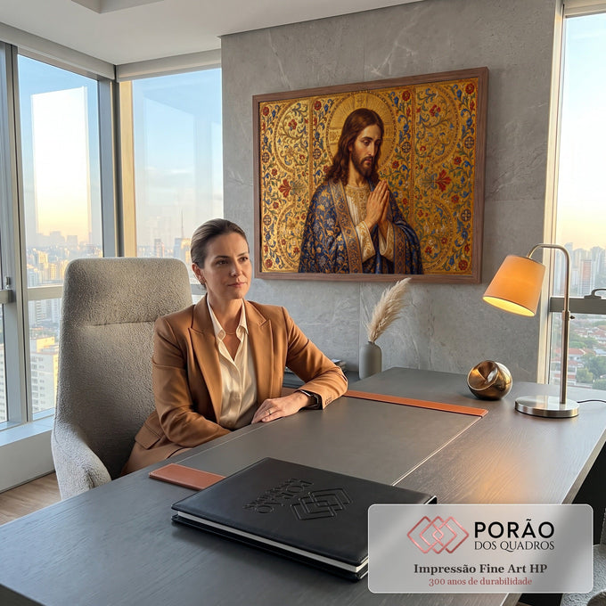 Quadro Decorativo Grande Jesus Halo Dourado para Sala | quadros decorativos | Jesus Cristo em oração com manto azul bordado e halo dourado sobre fundo floral ornamentado | em ambiente 2 | Porao dos Quadros