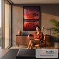 Céu vermelho em chamas ao pôr do sol com palmeiras refletidas na areia molhada, quadro decorativo