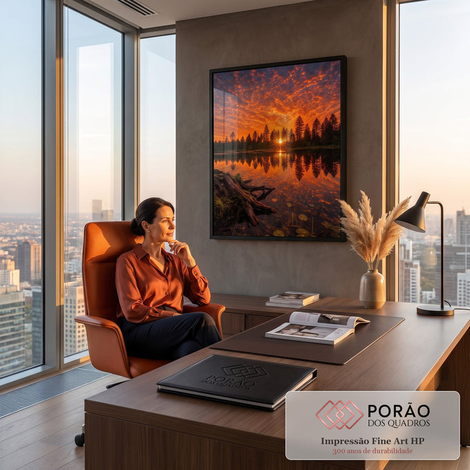 Pôr do sol laranja refletido em lago com pinheiros, raízes e vitórias-régias, quadro decorativo