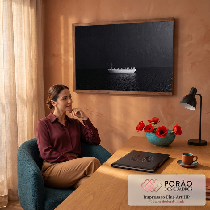 Quadro Decorativo Grande Figuras em Fila para Sala Preto | quadros decorativos | fileira de figuras brancas e uma vermelha em barco sobre água escura | em ambiente 2 | Porao dos Quadros