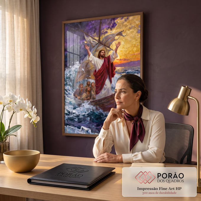 Quadro Decorativo Grande Jesus Acalmando para Sala Roxo | quadros decorativos | Jesus de braços erguidos num barco em meio a tempestade e céu dourado | em ambiente 2 | Porao dos Quadros