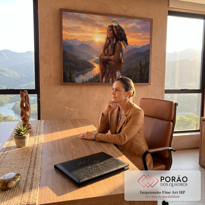 Quadro Decorativo Grande Mulher Indígena Águia para Sala | quadros decorativos | mulher indígena com roupas de couro e águia pousada no ombro ao pôr do sol nas montanhas | em ambiente 2 | Porao dos Quadros