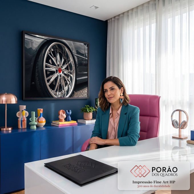 Fotografia em close de roda esportiva cromada com centro vermelho em carro cinza, quadro decorativo