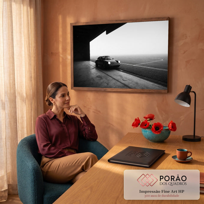 Porsche 911 clássico de faróis acesos saindo de hangar na neblina, foto preto e branco, quadro decorativo