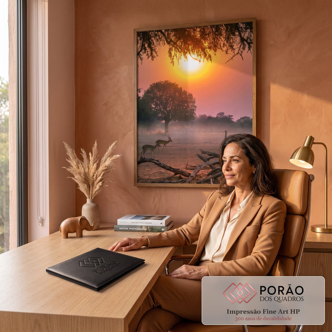 Dois impalas na savana africana ao pôr do sol laranja, com árvore e galhos secos, quadro decorativo