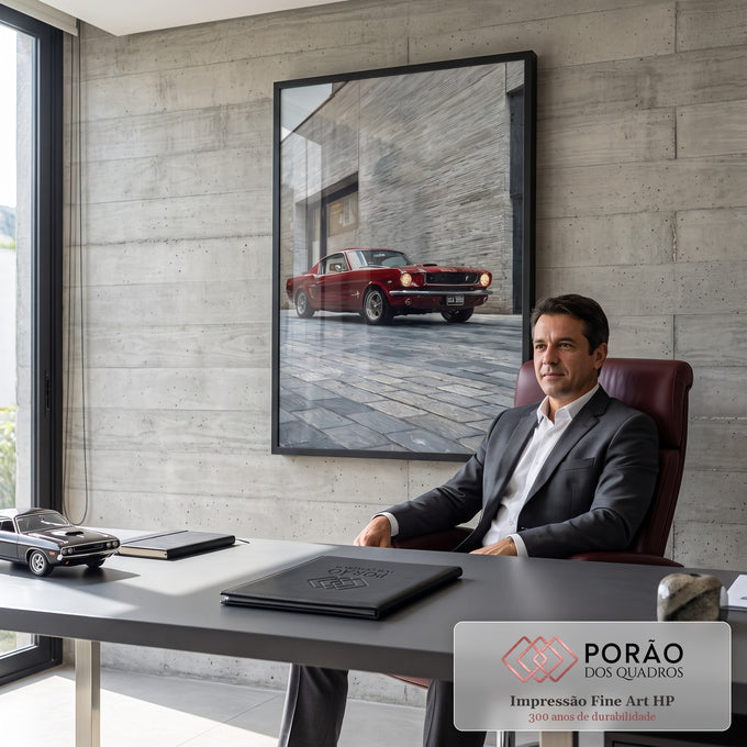 Mustang fastback vermelho clássico diante de muro de pedra cinza em pintura a óleo, quadro decorativo