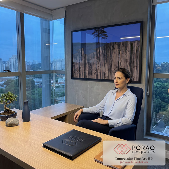 Quadro Decorativo Grande Pinheiro Solitário para Sala Azul | quadros decorativos | pinheiro em silhueta sobre penhasco rochoso ao entardecer com céu azul | em ambiente 2 | Porao dos Quadros