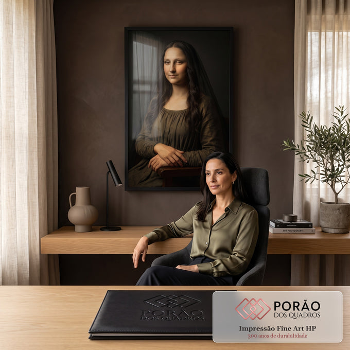 Quadro Decorativo Grande Mona Lisa Feminino para Sala Marrom | quadros decorativos | mulher com véu preto e vestido marrom em pose clássica inspirada na Mona Lisa | em ambiente 2 | Porao dos Quadros