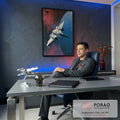 Quadro Decorativo Nave Espacial Branca sobre Planeta Azul | quadros decorativos | nave espacial branca sobrevoando planeta azul sob céu vermelho e laranja | em Quadros para Escritorio | Porao dos Quadros