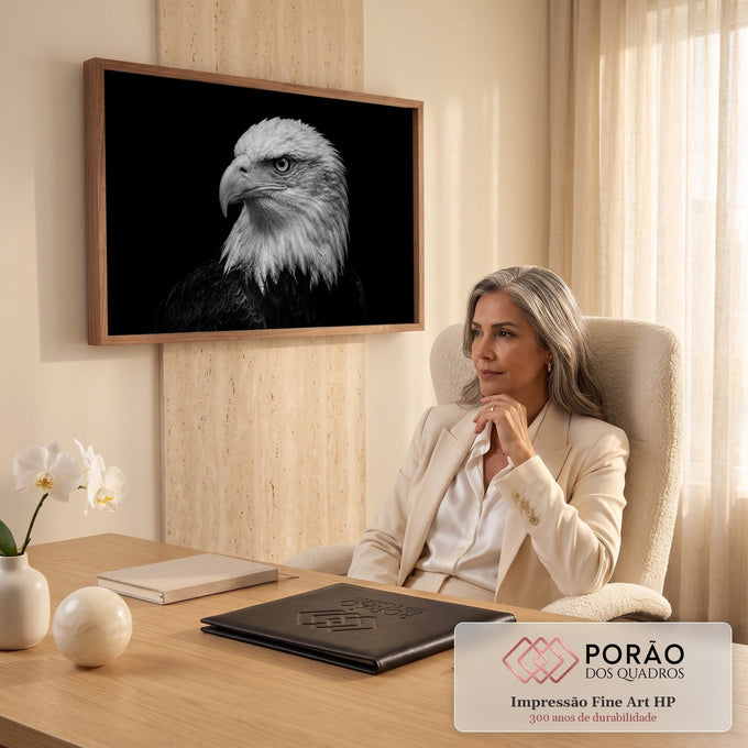 Águia de cabeça branca de perfil em fotografia preto e branco sobre fundo preto, quadro decorativo