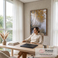 Quadro Decorativo Bétulas Douradas na Névoa Refletidas | quadros decorativos | fileira de bétulas com folhas douradas refletidas num rio coberto de névoa | em Quadros para Escritorio | Porao dos Quadros