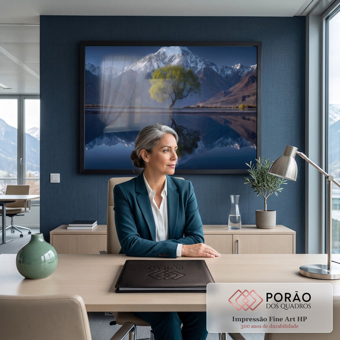 Árvore verde diante de montanha nevada refletida em lago espelhado sob céu azul, quadro decorativo