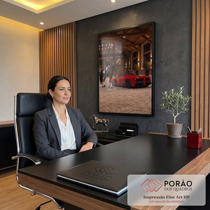 Quadro Decorativo Grande Cavaleira e Carro para Sala Preto | quadros decorativos | cavaleira em traje preto montada em cavalo negro ao lado de carro esportivo vermelho em arena coberta | em ambiente 2 | Porao dos Quadros