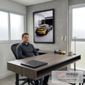 Quadro Decorativo Grande Esportivo e Amarelo para Sala Cinza | quadros decorativos | carro esportivo cinza fosco com faixa amarela e aerofólio em garagem iluminada | em ambiente 2 | Porao dos Quadros