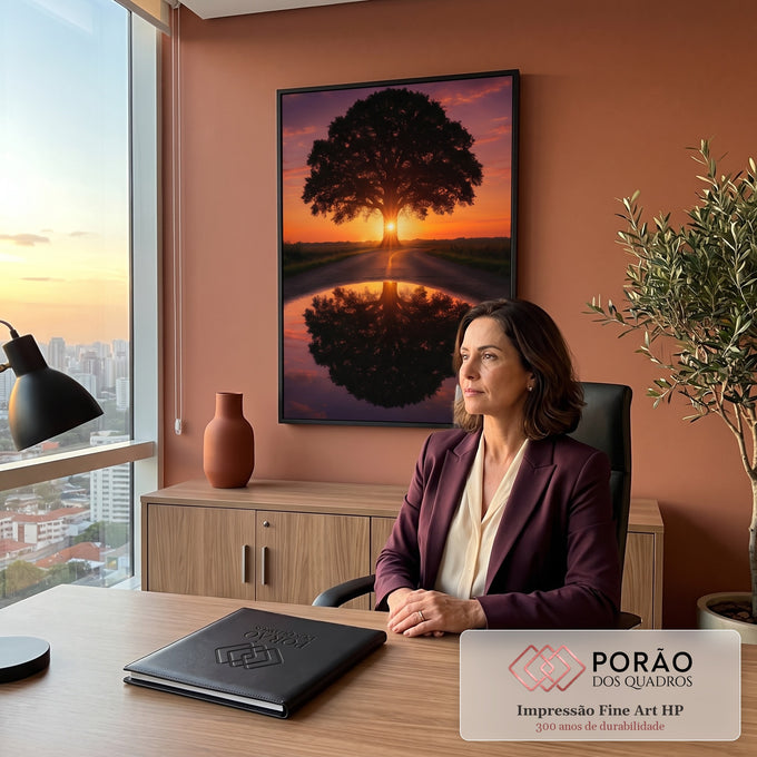 Quadro Decorativo Grande Árvore Refletida na Poça para Sala | quadros decorativos | árvore em silhueta com sol atrás do tronco refletida em estrada ao entardecer | em ambiente 2 | Porao dos Quadros