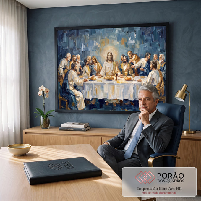 Santa Ceia com Jesus e apóstolos em pinceladas a óleo azuis e douradas, quadro decorativo