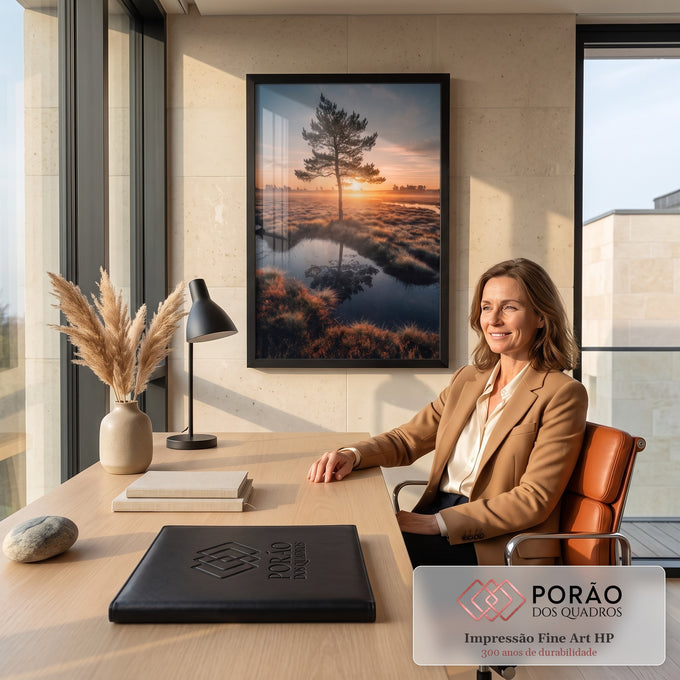 Pinheiro solitário ao nascer do sol sobre brejo com névoa e reflexo na água, quadro decorativo