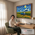Astronauta em picape azul entre girassóis sob céu de noite estrelada estilo Van Gogh, quadro decorativo