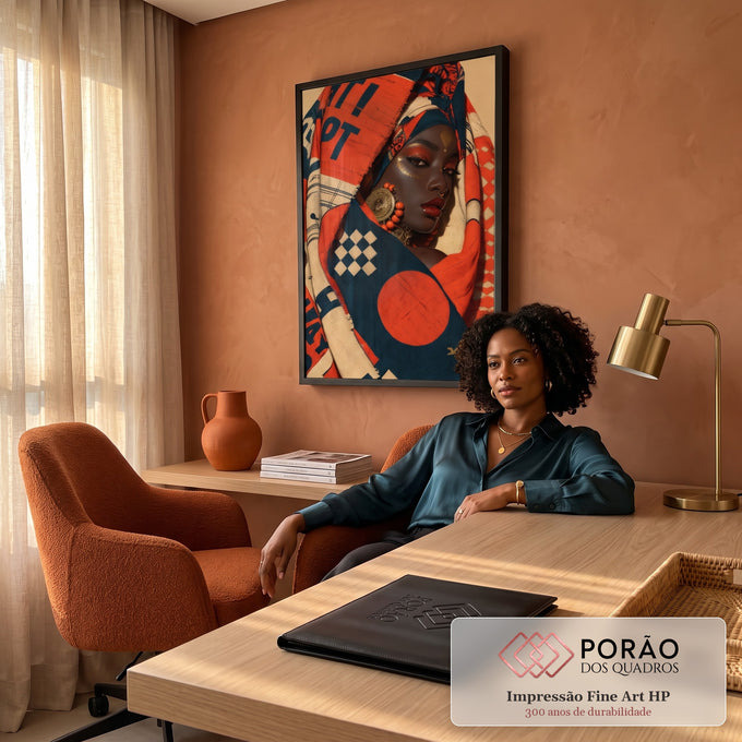 Quadro Decorativo Retrato Feminino com Turbante Laranja | quadros decorativos | retrato de mulher com turbante estampado laranja e azul e maquiagem dourada | em Quadros para Escritorio | Porao dos Quadros