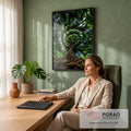 Quadro Decorativo Grande Copa de Árvore Verde para Sala | quadros decorativos | vista de baixo da copa de uma árvore com tronco, galhos escuros e folhas verdes densas | em ambiente 2 | Porao dos Quadros