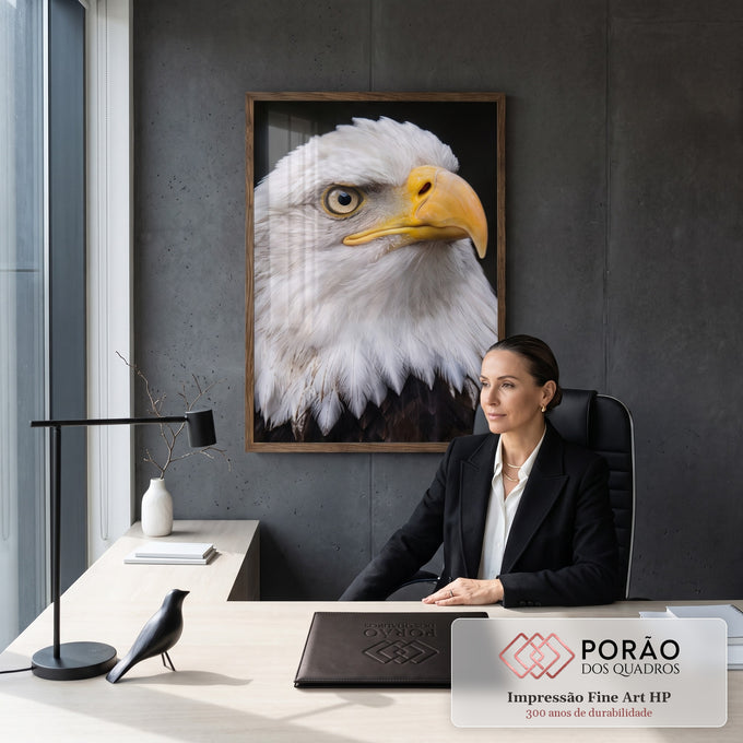 Águia-de-cabeça-branca em close, penas brancas, olho âmbar e bico amarelo, quadro decorativo