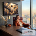 Jesus Cristo de manto branco com a mão estendida entre nuvens douradas e luz divina, quadro decorativo
