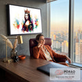Quadro Decorativo Grande Mona Lisa com Coroa para Sala Roxo | quadros decorativos | retrato de mulher com coroa dourada e respingos de aquarela colorida ao fundo | em ambiente 2 | Porao dos Quadros