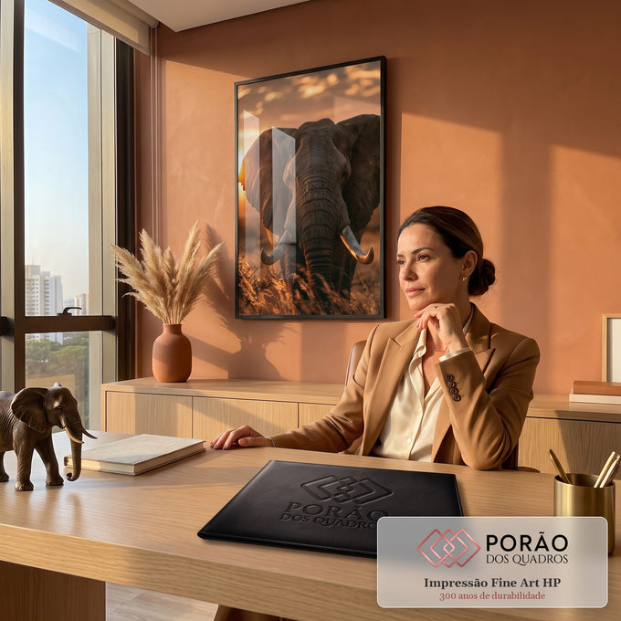 Quadro Decorativo Elefante Africano ao Pôr do Sol Dourado | quadros decorativos | elefante africano de frente com presas em close, luz dourada do pôr do sol ao fundo | em ambiente 2 | Porao dos Quadros