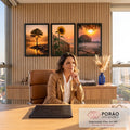 Quadro Decorativo Kit 3 Telas Pôr do Sol Paisagem para Sala | quadros decorativos | tríptico com árvore à beira do rio, girassol à praia e savana ao pôr do sol | em ambiente 2 | Porao dos Quadros