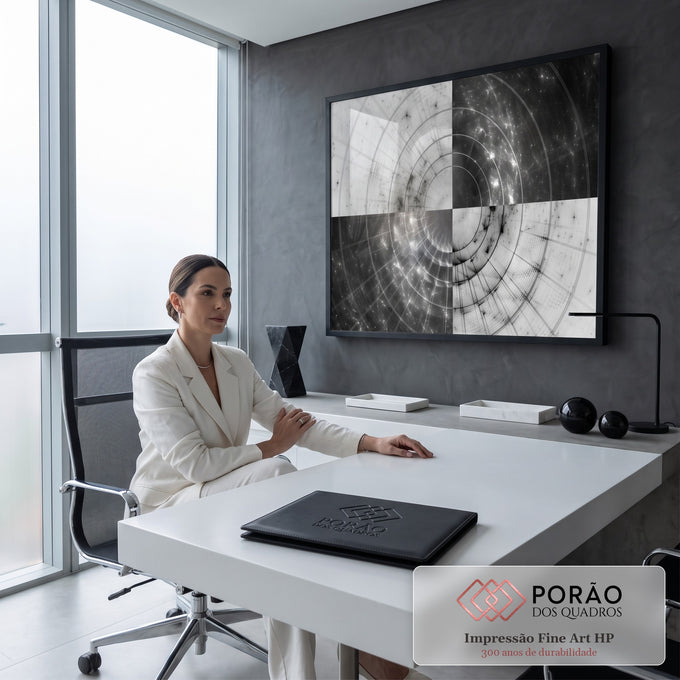 Quadro Decorativo Grande Túnel Geométrico Preto para Sala | quadros decorativos | túnel geométrico abstrato com anéis concêntricos em preto, branco e cinza | em ambiente 2 | Porao dos Quadros