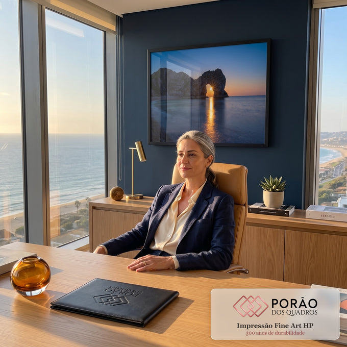 Quadro Decorativo Grande Arco de Pedra para Sala Azul | quadros decorativos | arco de rocha natural com lua cheia brilhando ao entardecer sobre o mar calmo | em ambiente 2 | Porao dos Quadros