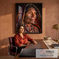 Quadro Decorativo Grande Retrato de Mulher para Sala | quadros decorativos | retrato de mulher idosa indígena com tatuagens faciais e véu colorido | em ambiente 2 | Porao dos Quadros