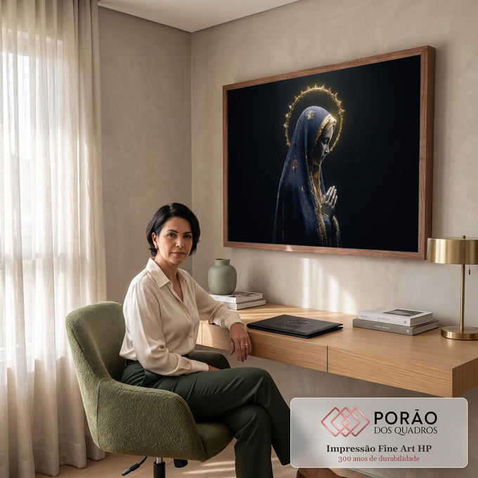 Quadro Decorativo Grande Nossa Senhora em Véu para Sala Azul | quadros decorativos | Nossa Senhora de perfil com véu azul estrelado e auréola dourada em raios | em ambiente 2 | Porao dos Quadros