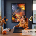 Quadro Decorativo Casal Jovem no Banco sob Árvore de Outono | quadros decorativos | casal jovem abraçado em banco sob árvore de outono com corações flutuantes | em Quadros para Sala | Porao dos Quadros