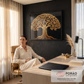 Quadro Decorativo Grande Árvore da Vida para Sala Dourado | quadros decorativos | árvore dourada em relevo com raízes e copa cheia de folhas sobre fundo preto | em ambiente 2 | Porao dos Quadros