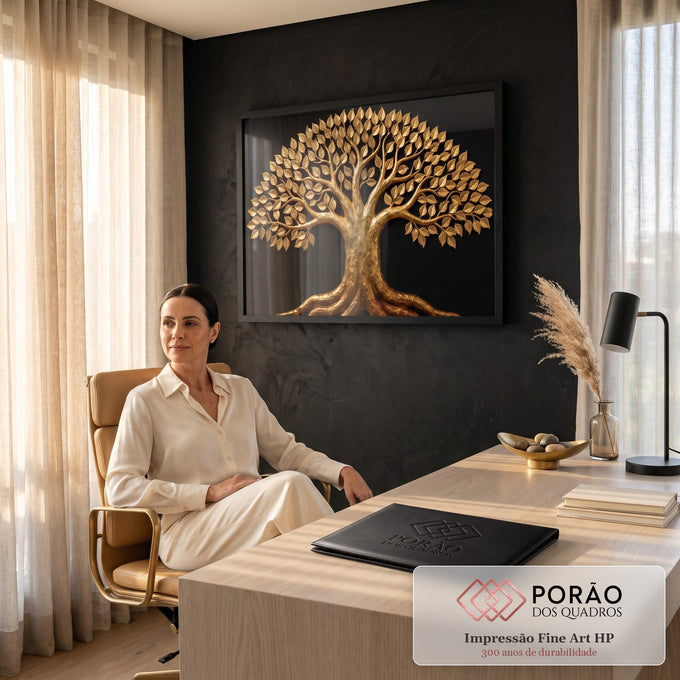 Quadro Decorativo Grande Árvore da Vida para Sala Dourado | quadros decorativos | árvore dourada em relevo com raízes e copa cheia de folhas sobre fundo preto | em ambiente 2 | Porao dos Quadros