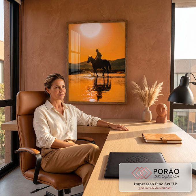 Silhueta de cavaleiro montado a cavalo cruzando rio sob sol laranja, com reflexo na água, quadro decorativo