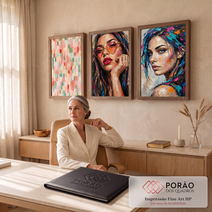 Quadro Decorativo Kit 3 Telas Retratos Femininos para Sala | quadros decorativos | duas mulheres em retrato expressionista colorido ao lado de painel abstrato pastel | em ambiente 2 | Porao dos Quadros