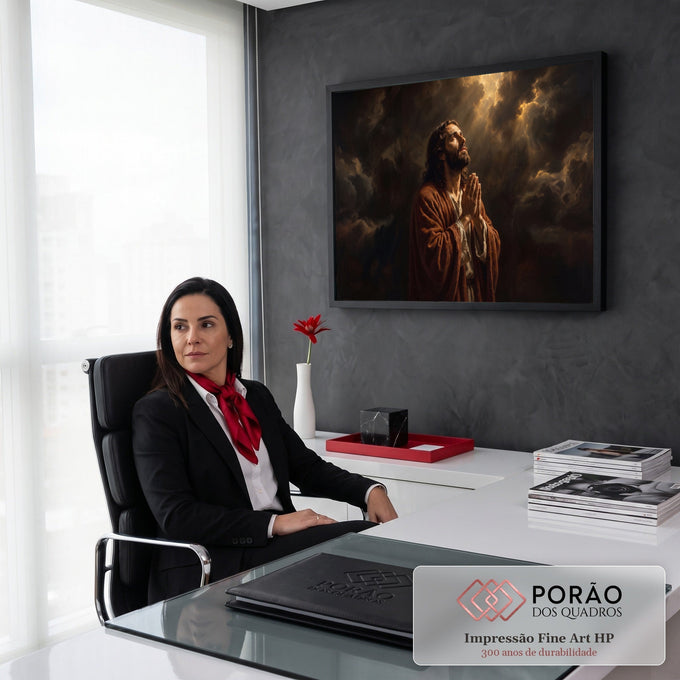 Jesus Cristo de manto marrom orando de mãos unidas sob raios de luz entre nuvens escuras, quadro decorativo
