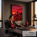 Mulher de vestido vermelho em campo de papoulas sob céu vermelho ao pôr do sol, quadro decorativo