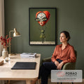 Figura surreal com cabeça de coração floral vermelho, relógio, olhos verdes e fundo verde, quadro decorativo
