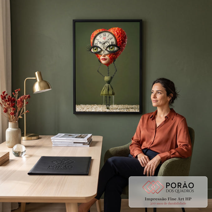 Figura surreal com cabeça de coração floral vermelho, relógio, olhos verdes e fundo verde, quadro decorativo