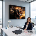 Quadro Decorativo Grande Jesus e Leão para Sala Dourado | quadros decorativos | Jesus e leão frente a frente sob cruz acorrentada com a palavra Fé em dourado | em ambiente 2 | Porao dos Quadros