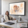 Quadro Decorativo Grande Casal de Leões Laranja para Sala | quadros decorativos | leão e leoa encostando as cabeças em aquarela com tons terrosos e respingos | em ambiente 2 | Porao dos Quadros