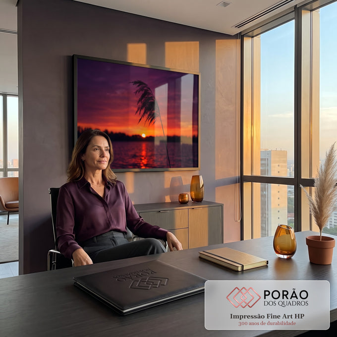 Quadro Decorativo Grande Pôr do Sol com Capim para Sala Roxo | quadros decorativos | silhueta de capim contra céu roxo e laranja com sol se pondo sobre o lago | em ambiente 2 | Porao dos Quadros