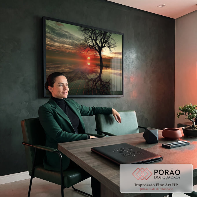 Quadro Decorativo Grande Árvore Seca para Sala Vermelho | quadros decorativos | árvore seca silhueta sobre pôr do sol vermelho com grade digital na água | em ambiente 2 | Porao dos Quadros